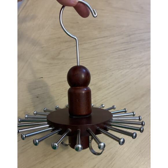 VTG Wood Tie Rack Round Hanger Spindle Closet Organizer Dark Red Brown Belts - Picture 6 of 10